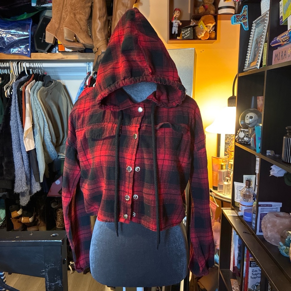 Cropped Red Plaid Hooded Flannel Jacket - Women's Sweater